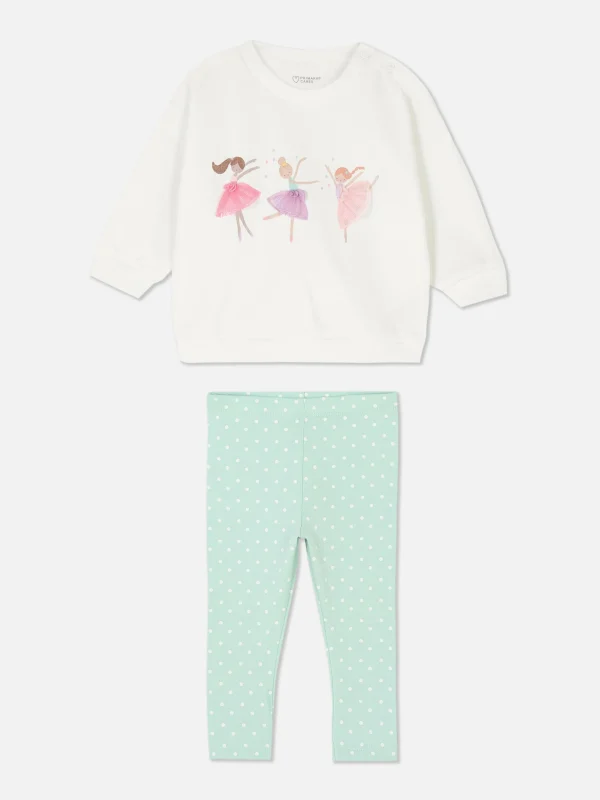 Primark Ballerina Sweatshirt And Polka Dot Leggings Set Ivory Hot