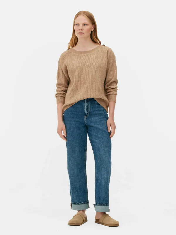 Primark Button Shoulder Boatneck Sweater Taupe Outlet