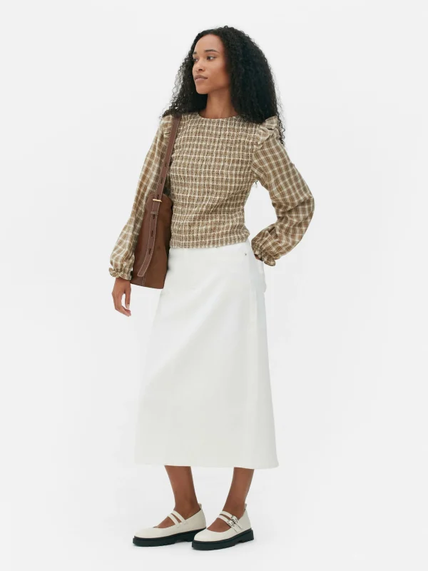 Primark Check Shirred Long Sleeve Blouse Stone Cheap