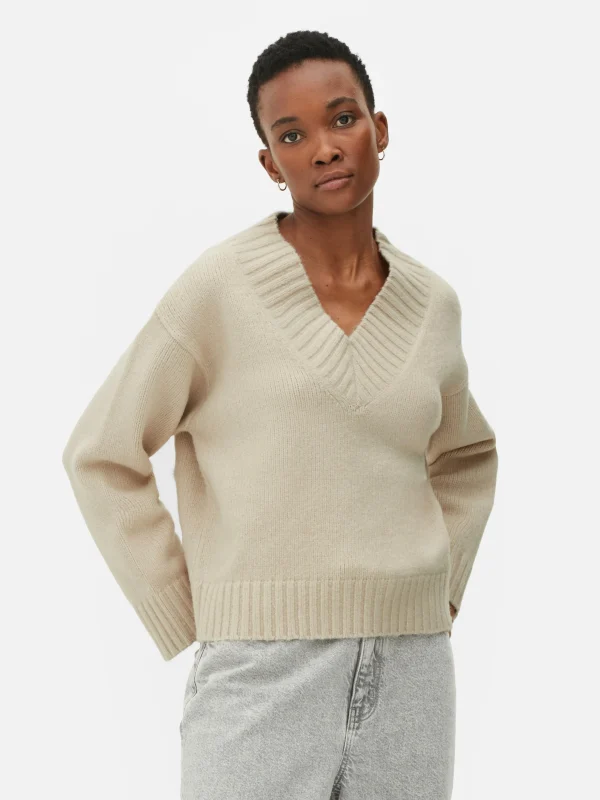 Primark Chunky V-Neck Sweater Oatmeal Shop