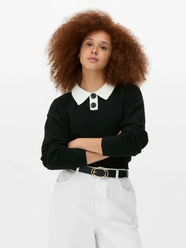 Primark Collared Cable Knit Sweater Black/White Outlet