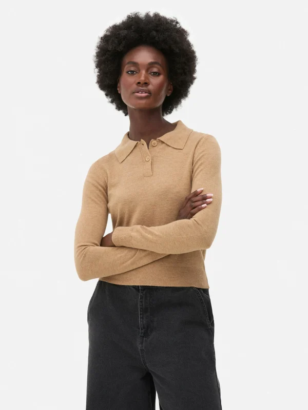 Primark Collared Long Sleeve Knit Top Camel Outlet