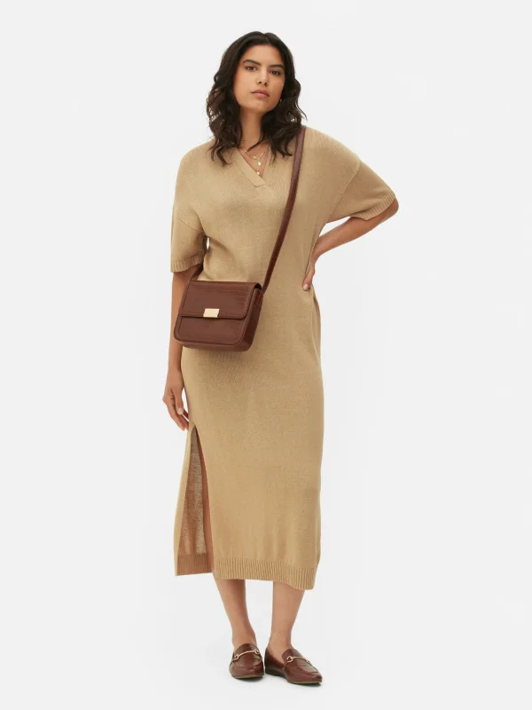 Primark Collared V-Neck Midi Dress Beige Fashion
