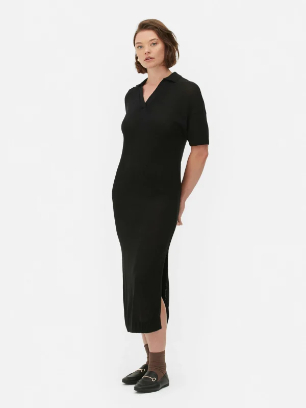 Primark Collared V-Neck Midi Dress Black Best Sale