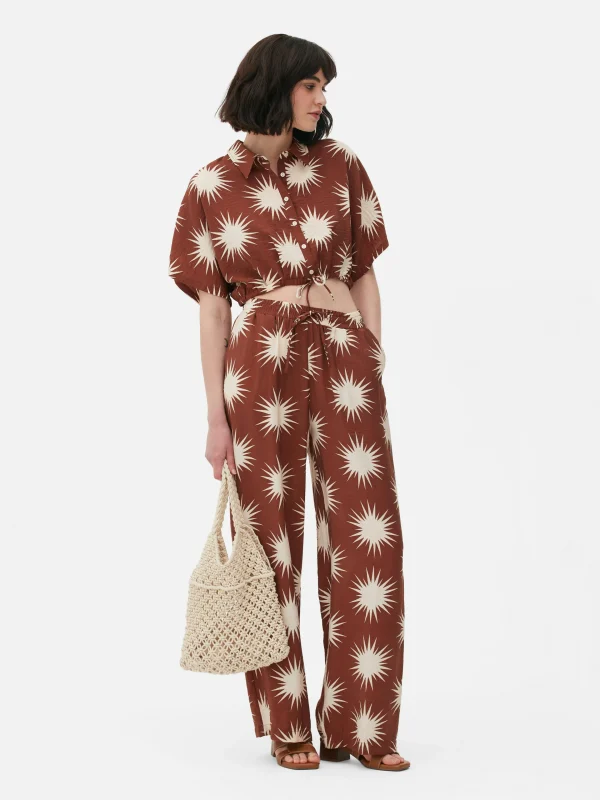 Primark Co-Ord Patterned Tie-Front Crop Shirt Brown Online