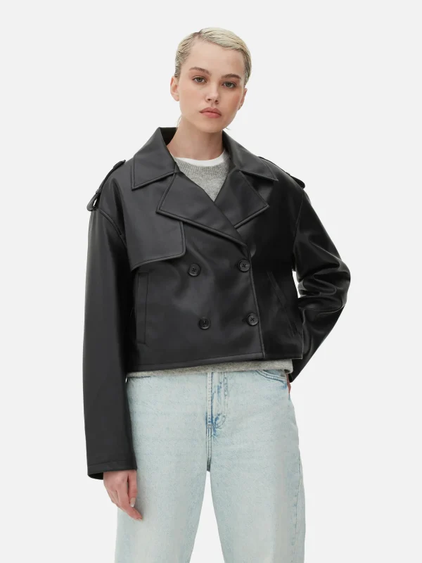 Primark Cropped Faux Leather Trench Coat Black Flash Sale