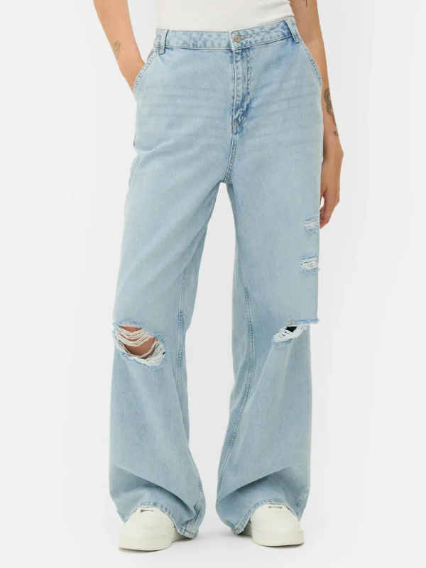 Primark Distressed Wide Leg Jeans Light Blue Cheap