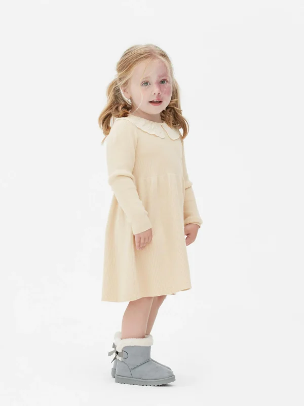 Primark Embroidered Collar Knit Dress Beige Fashion