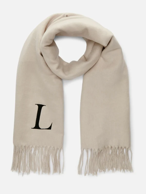 Primark Embroidered Initial Fringed Scarf Beige Outlet
