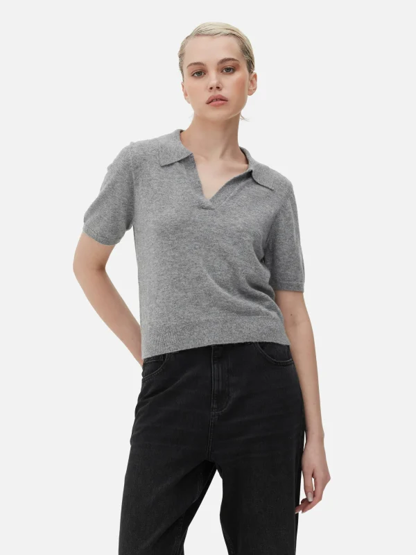 Primark Fine Knit Collared Short Sleeve Top Gray Hot