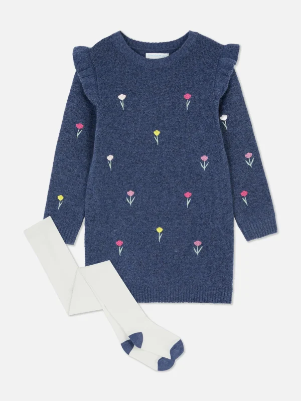 Primark Floral Embroidered Knitted Dress Blue Discount
