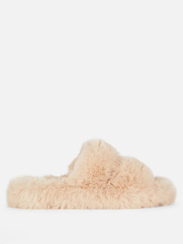 Primark Fluffy Double Strap Slippers Beige Cheap