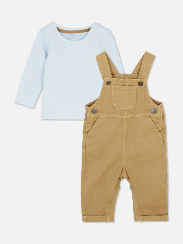Primark Long Sleeve T-Shirt And Dungarees Set Stone Clearance