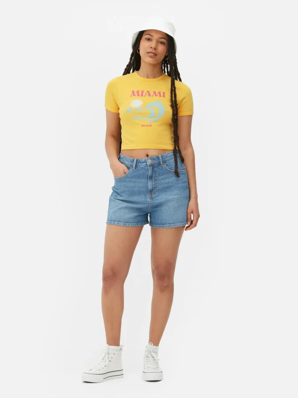 Primark Miami Beach Cropped T-Shirt Yellow Clearance