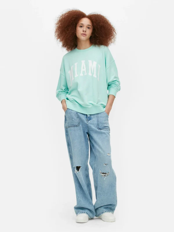 Primark Miami Lettering Oversized Sweatshirt Light Green Clearance