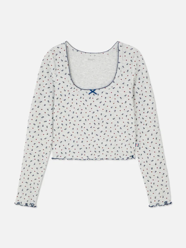 Primark Mini Floral Ribbed Pajama Top Gray Cheap