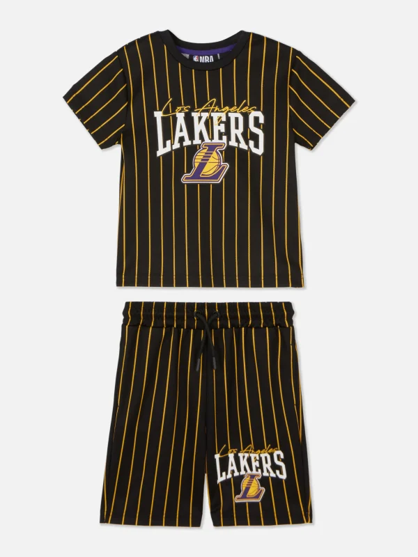 Primark NBA Los Angeles Lakers Striped T-Shirt And Shorts Set Black Fashion