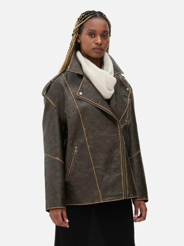 Primark Oversized Distressed Biker Jacket Brown Shop