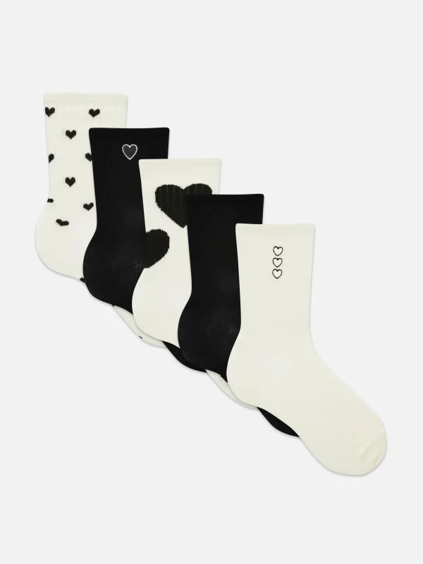 Primark 5-Pack Heart Crew Socks Black/White Best