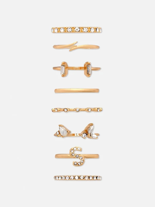 Primark 8-Pack Rhinestone Initial Rings Yellow Sale