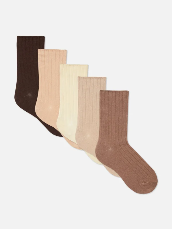 Primark 5-Pack Ribbed Crew Socks Light Brown Clearance