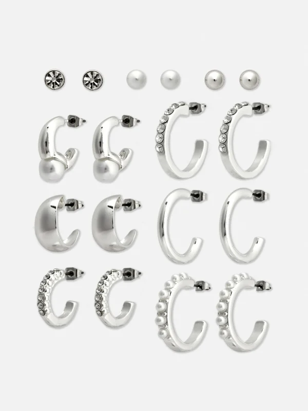 Primark 9-Pack Stud And Hoop Earrings White New