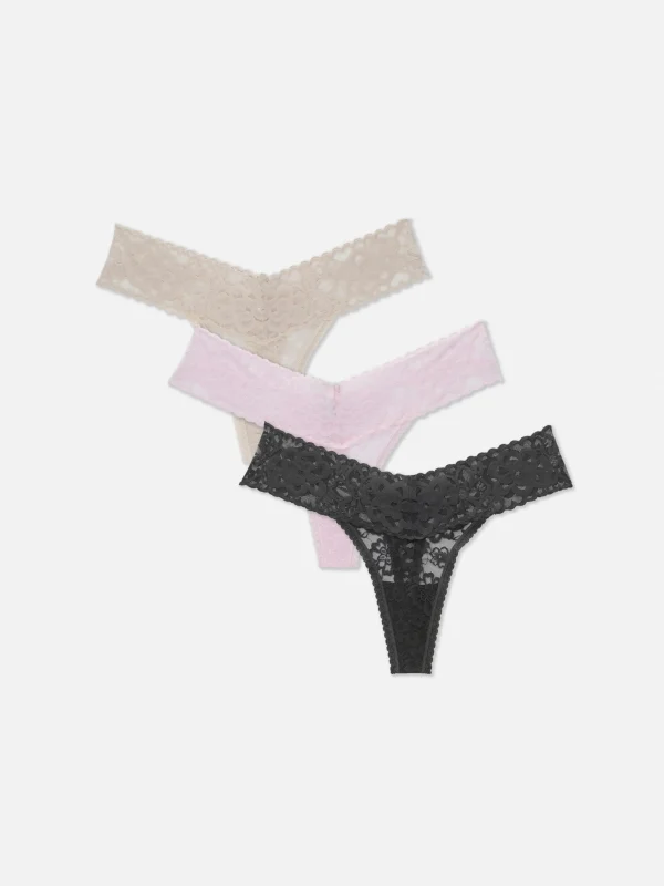 Primark 3-Pack Tonal Floral Lace Bandeau Thongs Charcoal Fashion