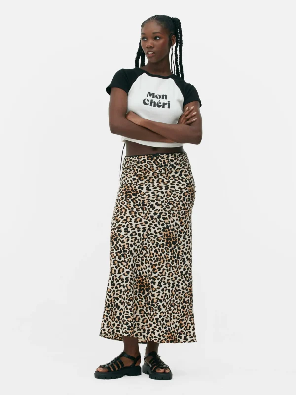 Primark Picot Waistband Leopard Print Midi Skirt Beige Cheap