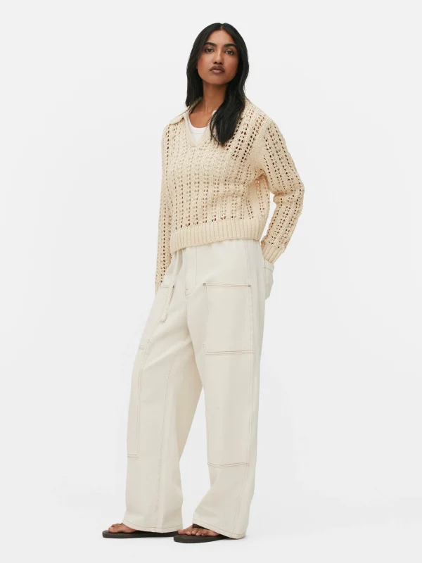 Primark Pointelle Collared Sweater Beige Cheap
