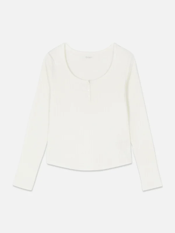 Primark Pointelle Long Sleeve Pajama Top Cream New