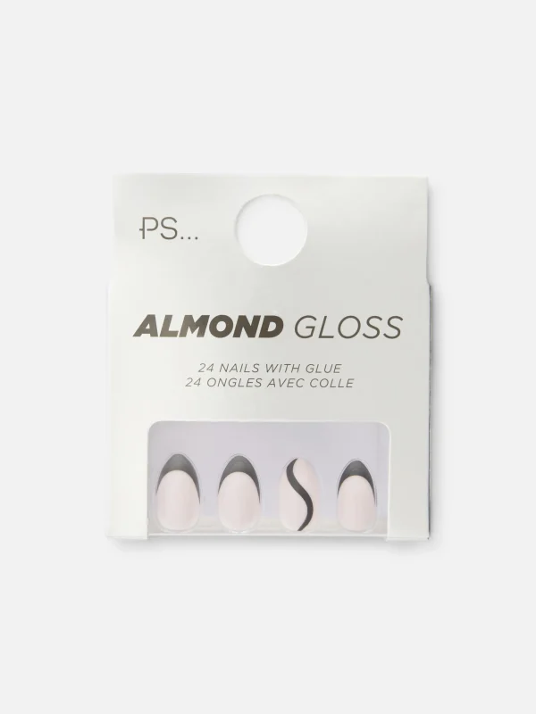 Primark PS Almond Gloss Contrast Tip Faux Nails Black Hot