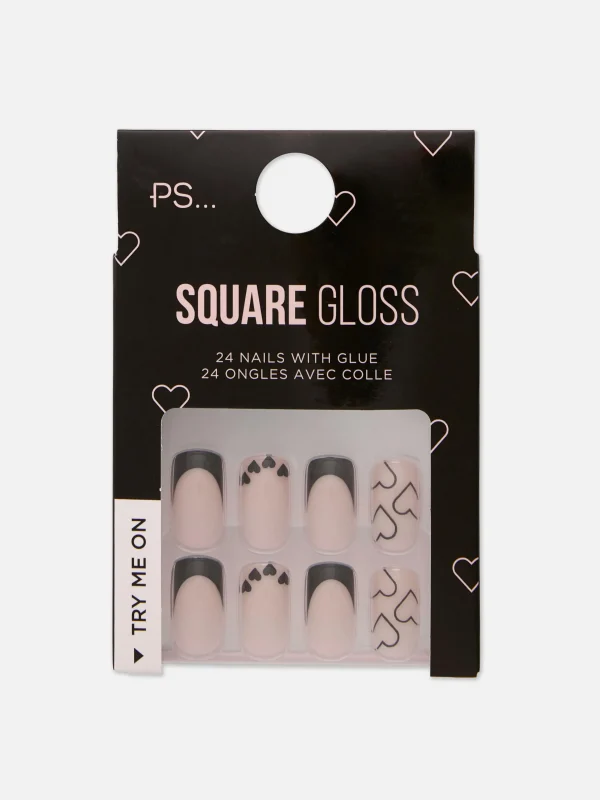 Primark PS Square Gloss Heart Faux Nails Black Clearance
