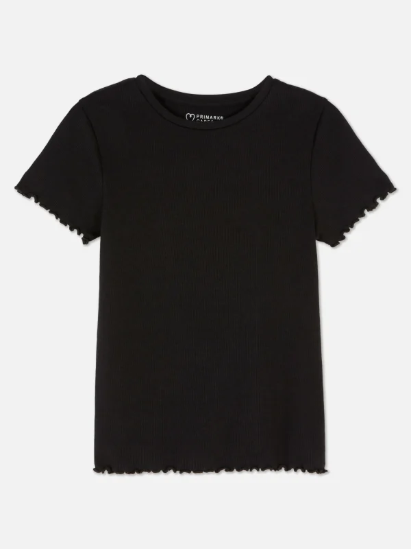 Primark Ribbed Lettuce Trim T-Shirt Black Hot