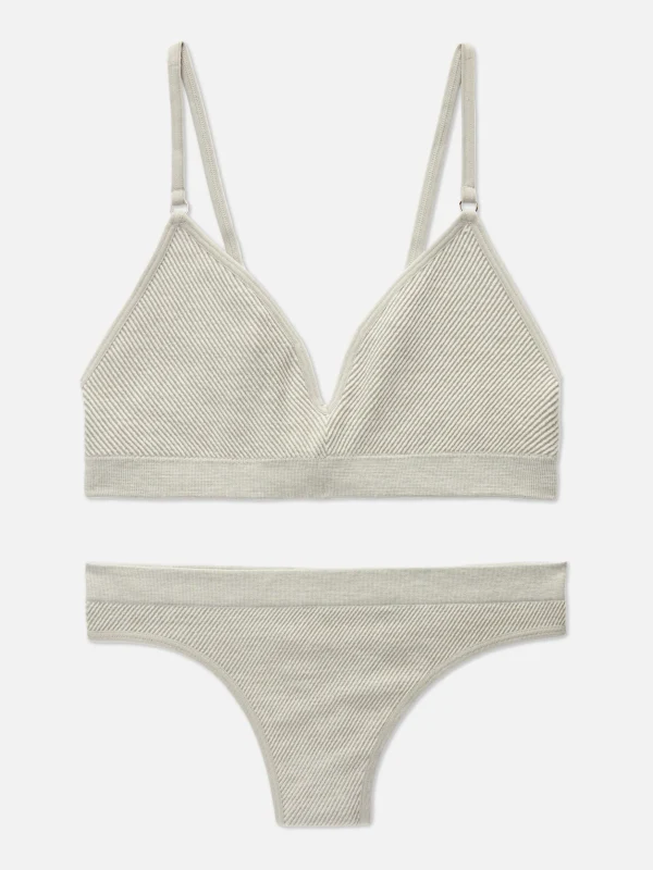 Primark Ribbed Triangle Bra And Thong Set Gray Heather Hot