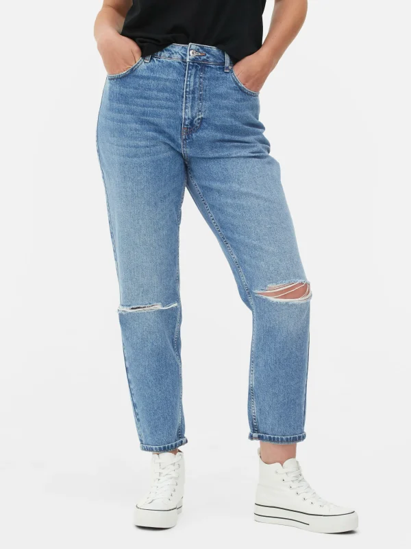 Primark Ripped Denim Mom Jeans Mid Blue Fashion