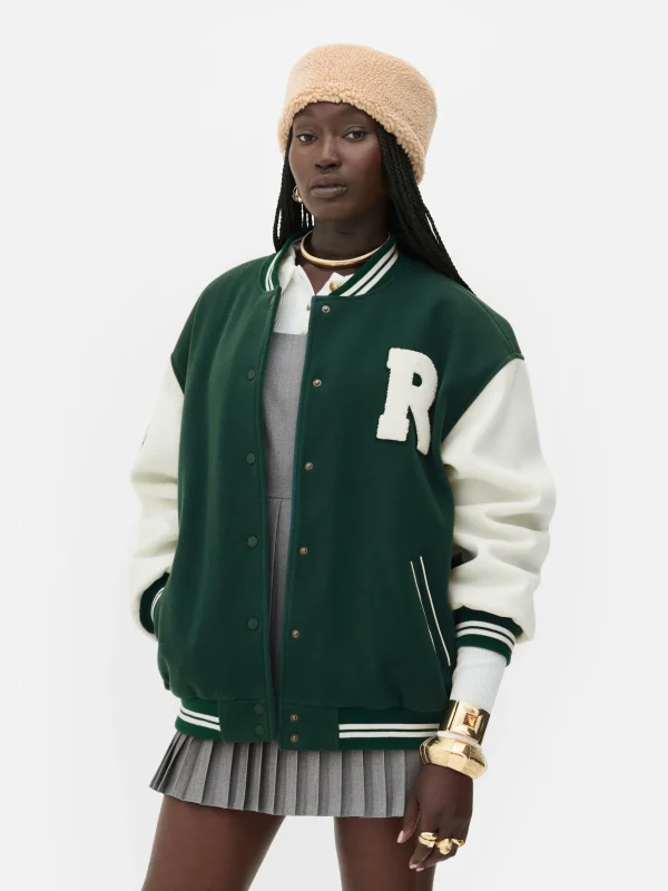 Primark Rita Ora Bouclé Letter Varsity Jacket Green Sale
