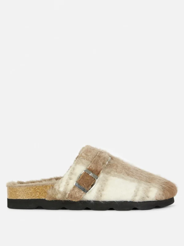 Primark Rita Ora Check Faux Fur Lined Clog Mules Brown Clearance