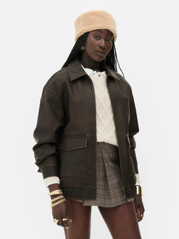 Primark Rita Ora Faux Leather Distressed Bomber Jacket Brown Cheap