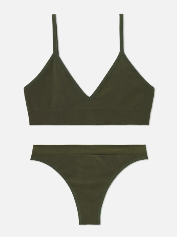 Primark Seamless Triangle Bralette And Thong Set Olive Cheap