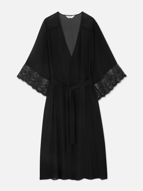 Primark Sheer Eyelash Lace Trim Robe Black Cheap