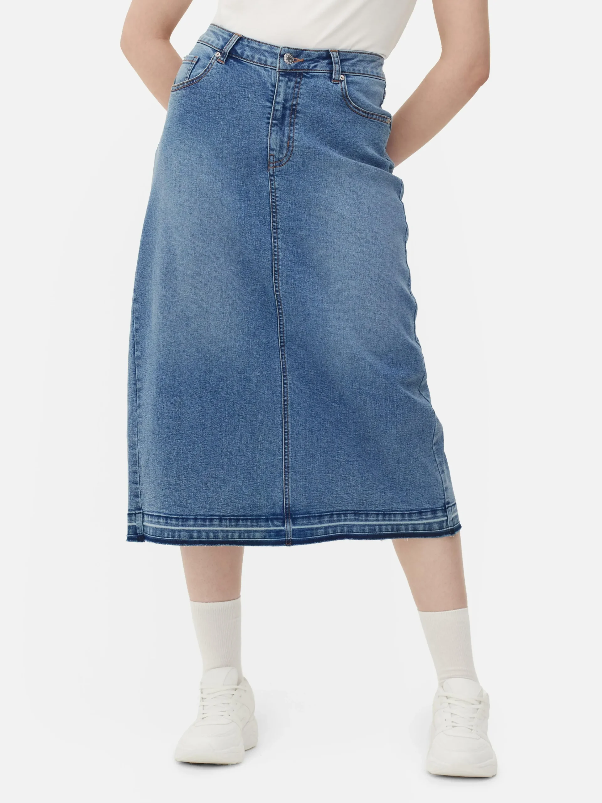 Primark Stretch Denim Midi Skirt Mid Blue Clearance