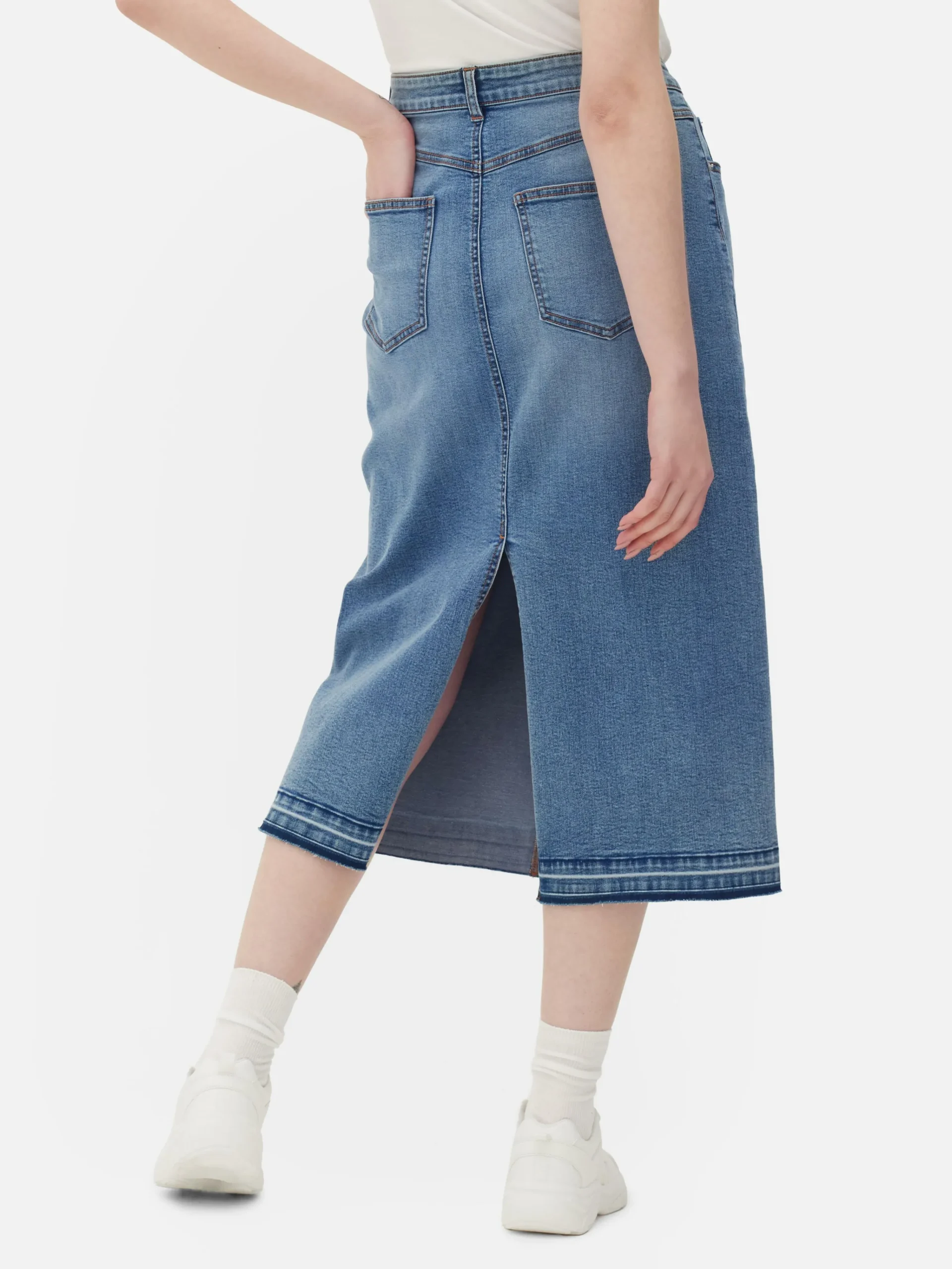 Primark Stretch Denim Midi Skirt Mid Blue Clearance