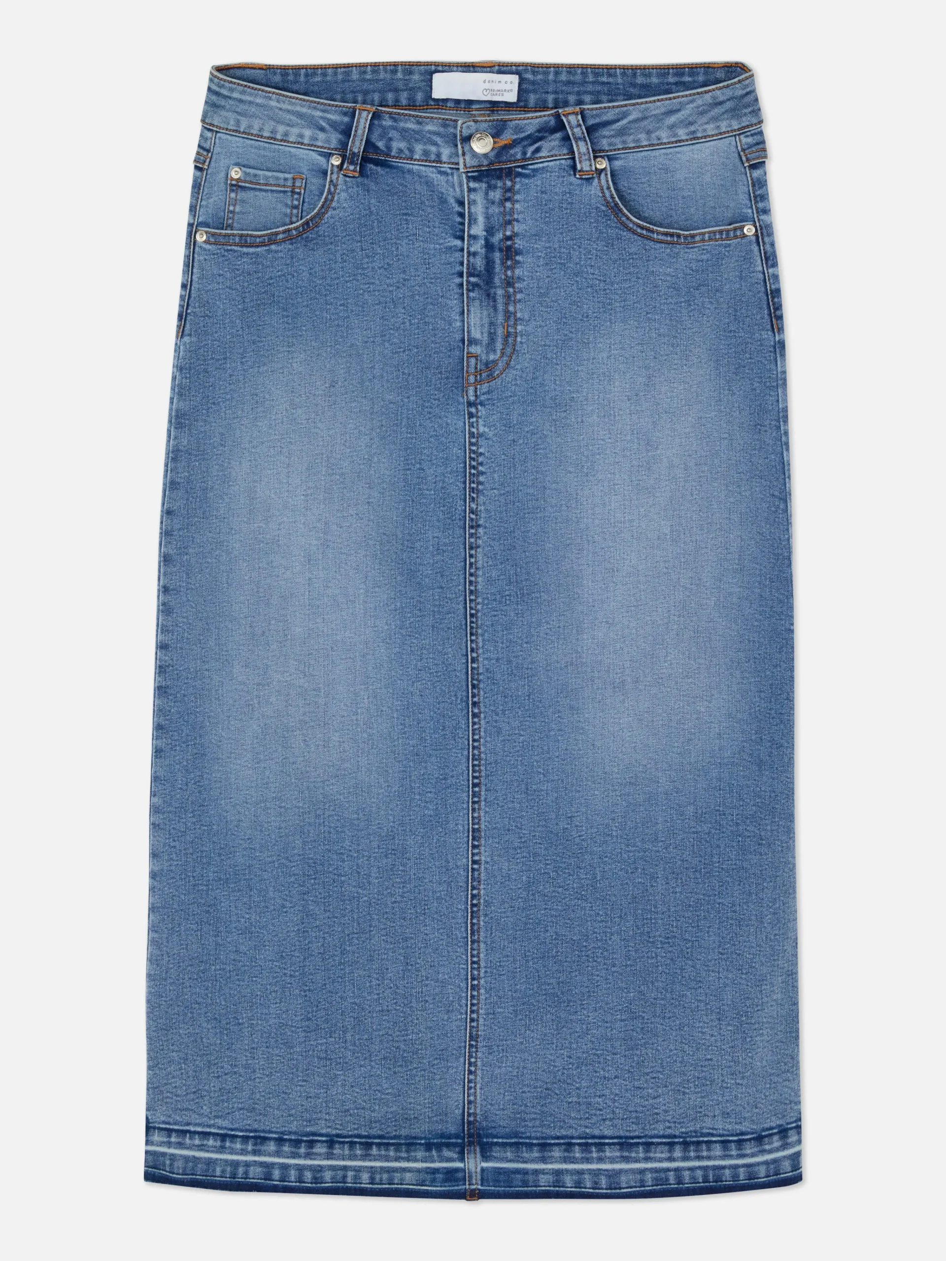 Primark Stretch Denim Midi Skirt Mid Blue Clearance