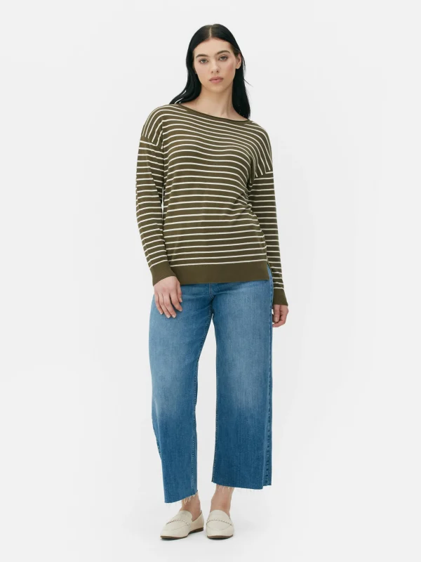 Primark Striped Boat Neck Fine Knit Sweater Olive Fashion