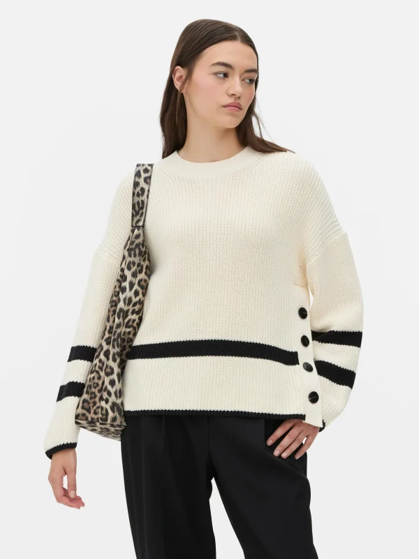 Primark Striped Button Detail Sweater Ivory Cheap