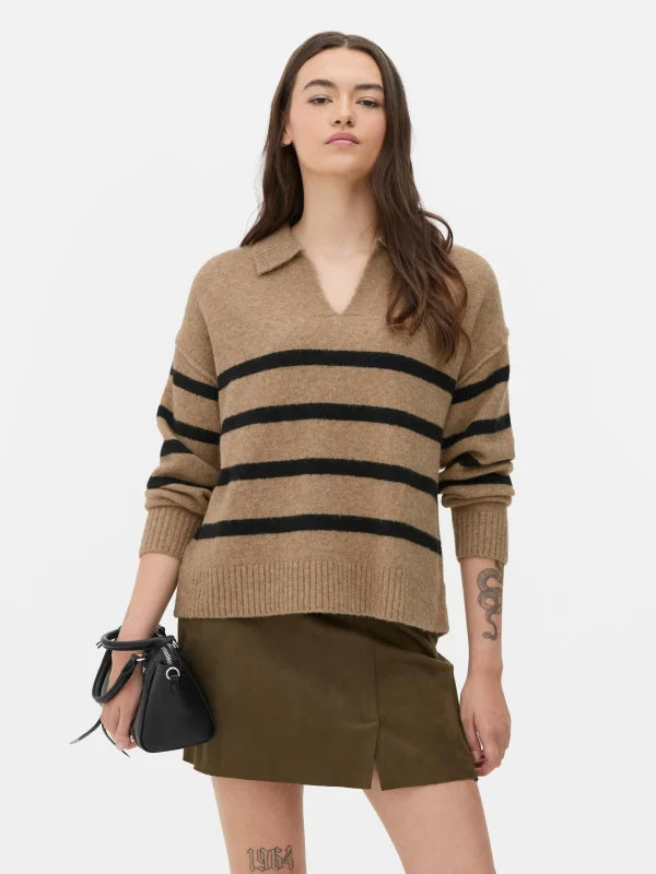 Primark Striped Polo Sweater Camel Outlet