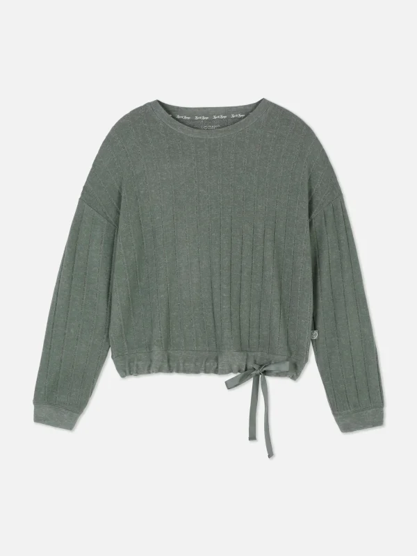 Primark Super Soft Ribbed Bow Pajama Top Olive New