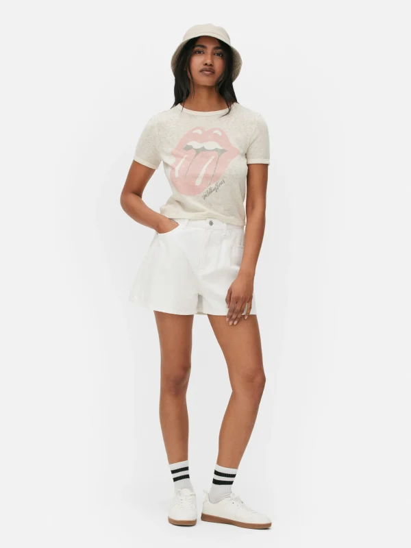 Primark The Rolling Stones Logo Cropped T-Shirt Beige Hot