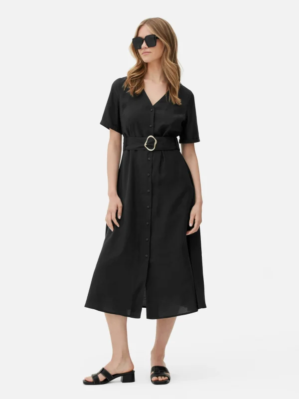 Primark V-Neck Belted Midi Dress Black Outlet