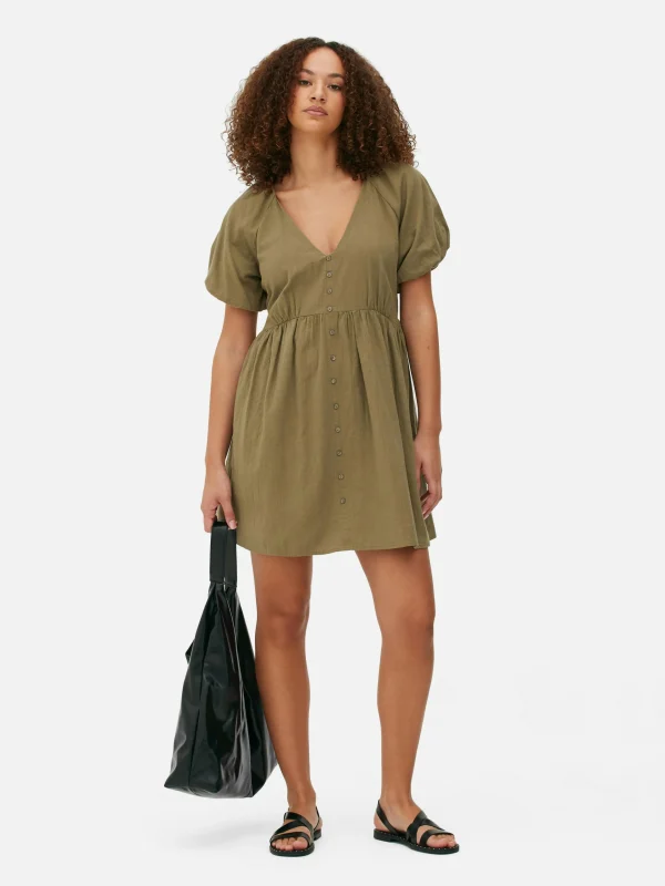 Primark V-Neck Puff Sleeve Smock Dress Olive Shop